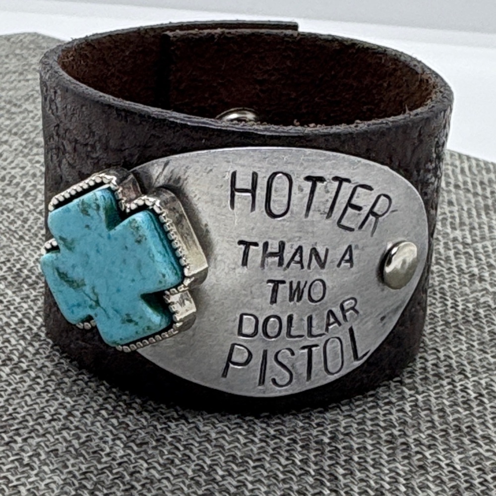 Hotter Than a Two Dollar Pistol Leather Cuff Bracelet Turquoise Accent - Picture 5 of 8